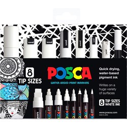 Uni Posca Paint Marker Wallet Assorted Tip Sizes White Set of 8