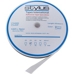 Stylus White Adhesive 25mmx25m Strip Hook Fastener